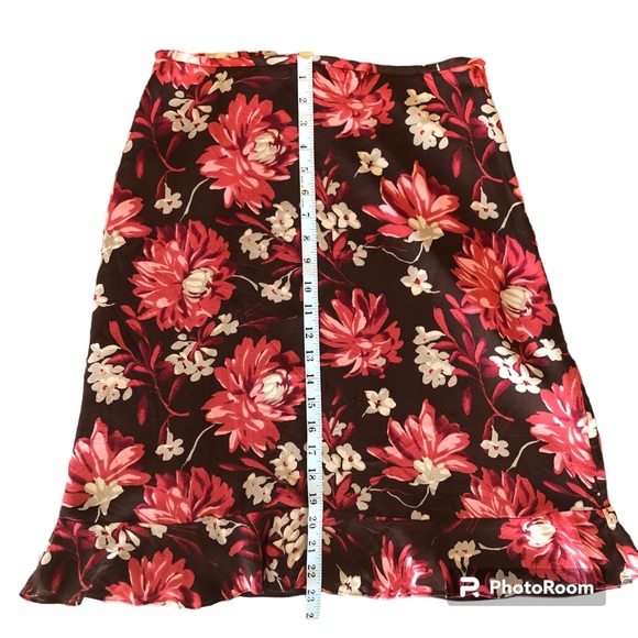 ANN TAYLOR Brown, Rose Pink Floral Silk Midi Skirt - Picture 9 of 11